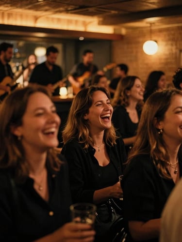 A lively crowd laughing under warm amber lighting at a modern bar, musicians blurred in the background, candid 35mm film style