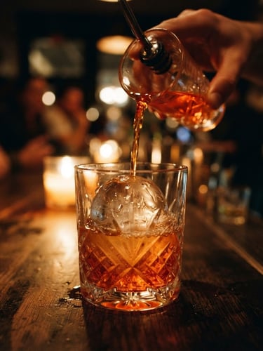 Close-up portrait of a vibrant cocktail being poured over hand-carved ice, warm amber evening light, shallow depth of field, 35mm film style