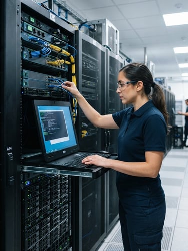Technician configuring a server rack in a clean, modern data center, bright indoor utility lighting, cool blue and metallic tones, sharp focus.