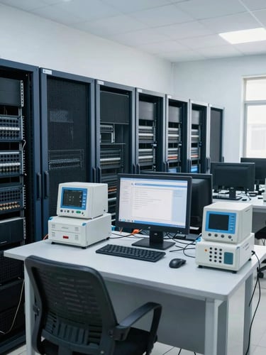 Clean, brightly lit interior of Amrita Electronics' facility in Amritapuri, Kollam, Kerala, showing organized server racks, technical workstations, and diagnostic equipment, cool blue and metallic tones.