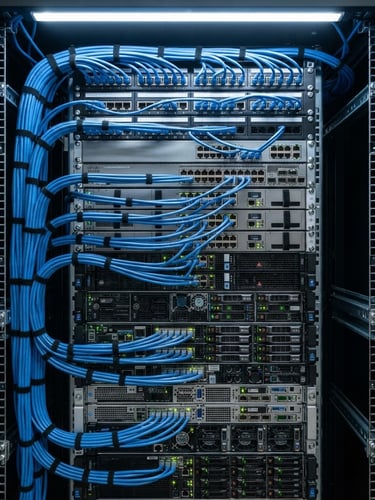Clean, organized server rack with blue network cables, bright utility lighting, crisp technical details, cool blue and metallic tones, sharp focus.