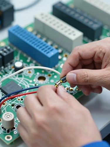 Close-up of a technician's hands carefully connecting wires to an industrial circuit board, focus on precision and technical detail, clean bright lighting, cool blue and metallic tones.