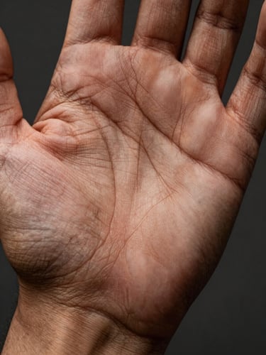 Extreme close-up macro of a human palm filling the frame, deep lines of life and heart rendered as sculptural grooves, studio strobe light raking from the left to maximize shadow depth in each crease, neutral dark background, skin tone warm brown, wrist visible at bottom edge
