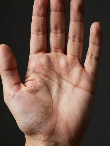 Extreme macro close-up of a human palm, center-frame, studio strobe light casting sharp shadows across the principal lines — heart line, head line, life line rendered as sculptural ridges, warm neutral skin tone, clean dark background, clinical precision framing
