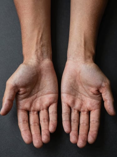 Two palms placed side by side palm-up on a dark matte surface, left hand and right hand in direct comparison, studio strobe from above, both hands showing distinct line patterns, skin tone medium-dark, clinical framing