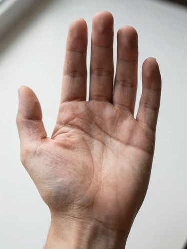 Macro close-up of a single open palm held flat against a plain white surface under sharp natural window light, every line clearly defined, wrist visible at the bottom edge, neutral background with no shadows or clutter, skin texture crisp and detailed