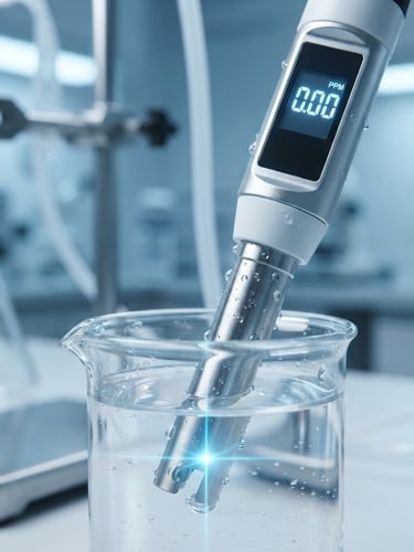 Macro shot of a high-precision digital TDS meter displaying a perfect 0.00 reading inside a sterile laboratory, cool blue laser light reflecting off pure water droplets, ultra-sharp focus.