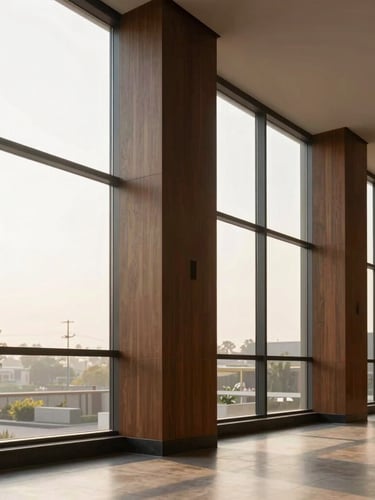 Minimalist modern commercial interior in Greater Noida, bright natural daylight streaming through tall windows, sharp focus, professional editorial style.