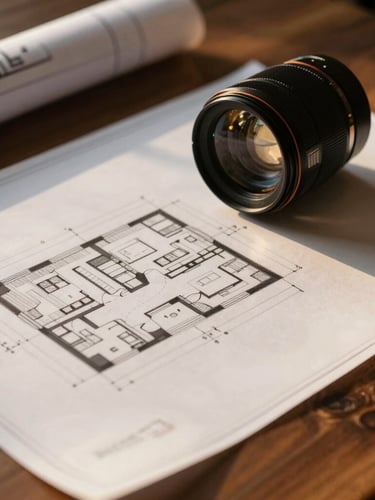 Professional close-up of architectural blueprints on a dark wooden table with warm side lighting, sharp focus, 35mm lens.