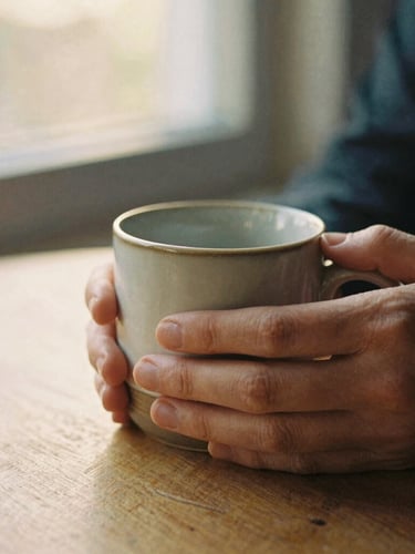 Close-up of hands holding a warm ceramic mug on a wooden table, soft golden-hour window light, earthy muted tones, 35mm film texture