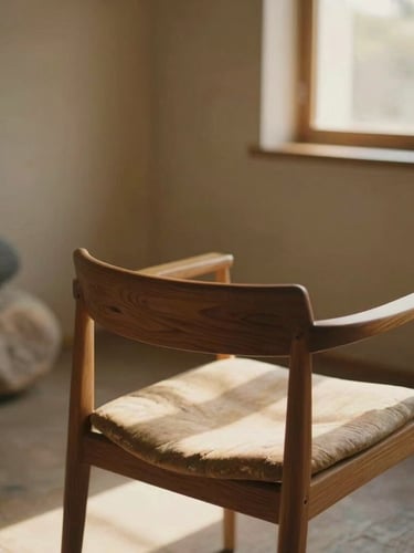 Quiet, warm interior therapy space with a wooden chair, natural elements like stones catching soft light, earthy muted tones, shallow depth of field, 35mm film texture.