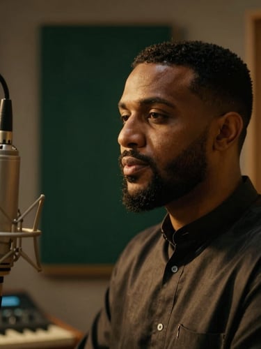 Cinematic medium close-up of a nasheed artist in a professional recording studio, low-key warm golden backlighting, deep green shadow accents, 35mm