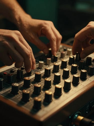 Close-up of hands adjusting a premium wooden audio mixer in a moody studio, soft golden light hitting the metallic knobs, deep green shadows