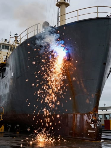 Dramatic high-contrast shot of sparks flying from a structural weld on a massive steel hull inside an active drydock, overcast maritime light.