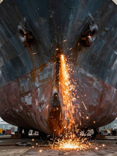 Dramatic portrait view of a massive raw steel ship hull under construction inside a dark drydock, bright orange welding sparks cascading down the side.