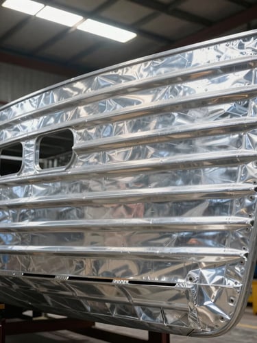 Close-up of a raw aluminum hull under construction in a shipyard, sharp structural ribs, clean robotic welds, overhead industrial lighting.