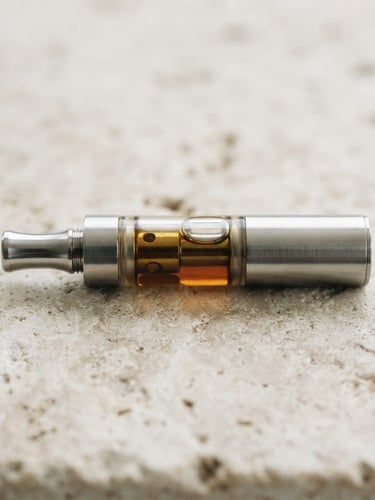 Close-up of a sleek, minimalist metallic vape cartridge resting on a light-colored natural stone surface under soft diffused daylight.