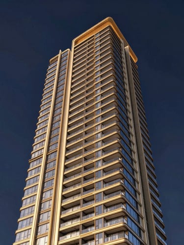 Architectural rendering of a modern high-rise luxury tower, warm golden-hour exterior lighting, deep navy sky, showcasing sleek balconies and premium glass facade