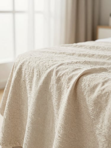 Macro photograph of clean linen textile texture, soft morning light, clinical and pristine look, neutral beige tones