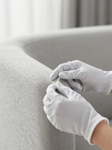 Close-up of professional hands wearing white technical gloves carefully inspecting the fiber of a light gray designer armchair, bright clinical lighting, soft focus