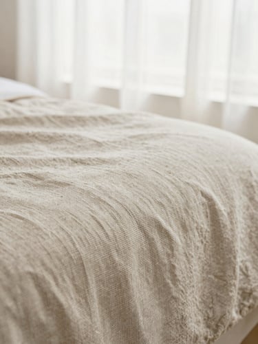 Macro photograph of clean linen fabric texture, soft diffused morning light, neutral beige tones, sharp focus on textile weave