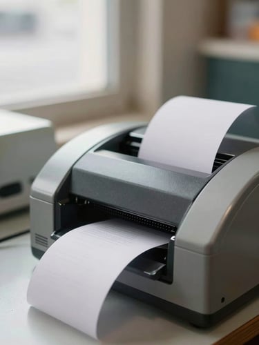Close-up of a thermal receipt printer spitting out a long receipt on a cluttered shop counter, daylight from a nearby window catching the paper edge, shallow depth of field, no people visible