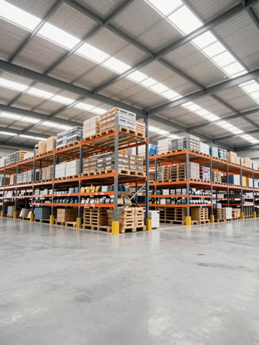Wide-angle commercial photograph of a modern high-bay warehouse in Maputo, organized pallet racks, bright daylight streaming through skylights, clean corporate tones.