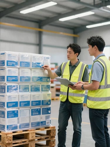 Medium shot of professional logistics staff in high-visibility gear inspecting pallet-ready wholesale consumer goods under bright warehouse lighting.
