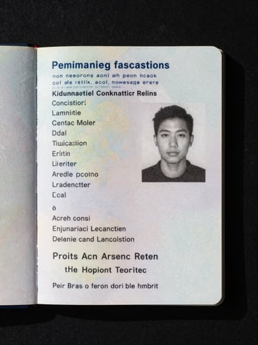 Tight overhead shot of a passport laid flat on a dark surface, the photo page visible with a sharp watermark text layer across the bio data, bright daylight from the left creating clinical hard shadows