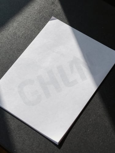 Tight overhead shot of a printed document laid flat on a dark matte surface, a semi-transparent watermark layer visibly stamped diagonally across the page in sharp daylight from a high window, hard-edged clinical shadows, no people, forensic framing