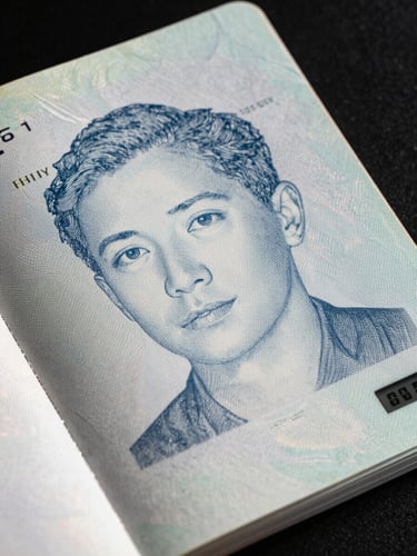 Extreme close-up overhead shot of a passport document laid flat on a dark surface, a forensic watermark pattern rendered across the entire page in cold white text, a sharp studio strobe casting precise clinical shadows at the document edges, tight crop showing only the watermarked surface with a digital countdown timer display visible at the lower-right corner of the frame