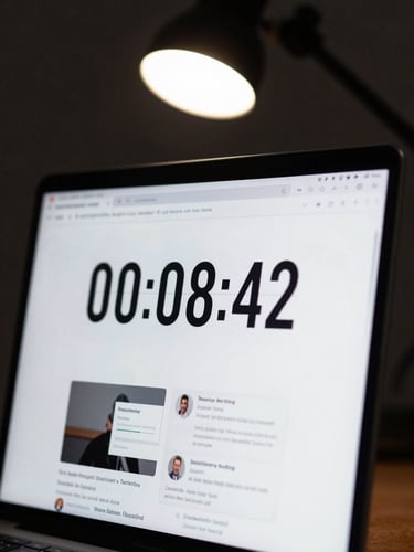 Extreme close-up of a laptop screen displaying a countdown timer at 00:08:42 with a document thumbnail below it, sharp studio strobe light from above, clinical white and navy interface visible, dark background