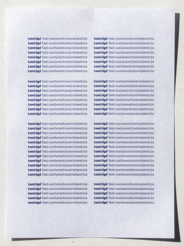 Tight overhead studio shot of a bank statement document laid flat on a cold white surface, a bold repeating watermark text rendered across the entire page surface in deep navy, bright daylight creating sharp precise shadows at document edges, no human hands visible, clinical and forensic framing with the document filling the entire frame