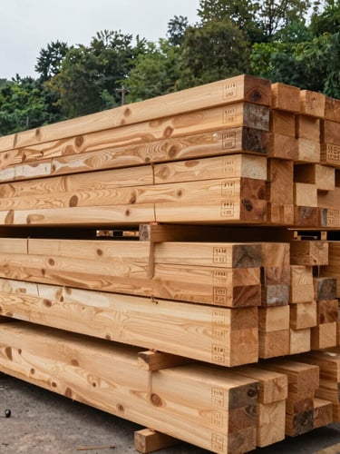 Wide-angle industrial lumber yard with perfectly stacked kiln-dried pine timber, overcast natural daylight, sharp focus on wood grain stamps