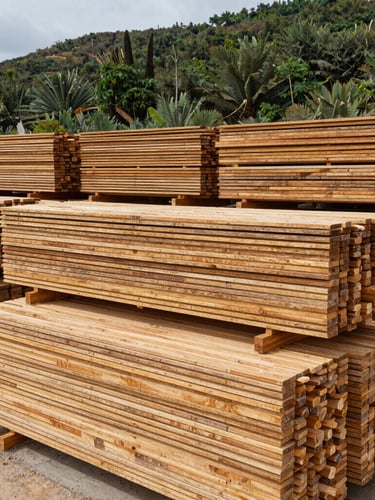Wide-angle industrial timber yard in Castellon Spain, massive stacks of kiln-dried pine wood lumber under clean daylight, sharp focus on wood grain, professional documentary style
