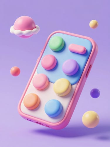 A whimsical 3D render of a glossy clay smartphone with squishy pastel buttons floating in a soft lavender space, isometric angle, retro-futuristic style.