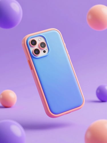 Vibrant 3D render of a glossy clay smartphone floating in a soft lavender space, playful isometric depth of field, neon peach glow