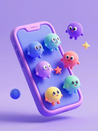 Vibrant 3D render of a chunky, glossy clay-textured smartphone floating in a lavender void, whimsical 8-bit characters spilling out of the screen, bright pastel neon lighting, playful isometric depth of field.