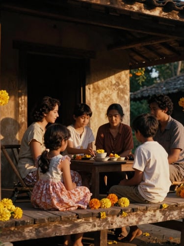 Cinematic film still of a family gathered on a traditional wooden veranda decorated with yellow marigold flowers, warm golden-hour chiaroscuro lighting, 35mm grain.