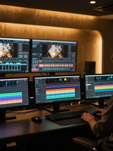 Cinematic interior of a high-end film editing suite, warm gold bias lighting behind widescreen monitors displaying color-grading timelines, moody obsidian studio atmosphere, 35mm film grain