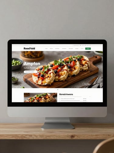 Tight environmental shot of a desktop monitor on a minimal warm-grey shelf displaying a food e-commerce homepage — bold product photography on screen, clean sans-serif navigation visible at top, even studio lighting, no human presence, portrait orientation
