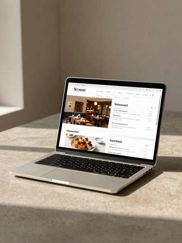 Close environmental shot of a laptop on a warm neutral concrete surface displaying a restaurant website — a clean menu layout visible on screen, warm natural north-light from the left, minimal background, no people, portrait orientation