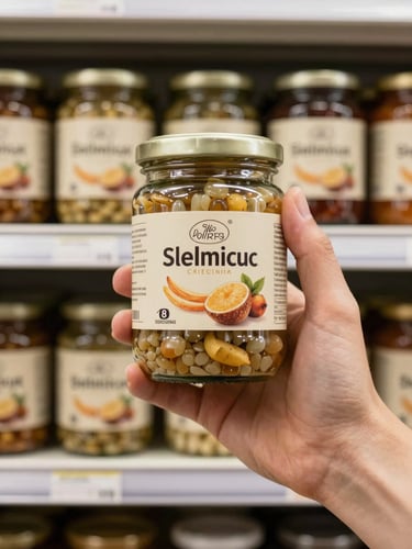 Close-up of a hand holding a glass jar with a printed food label, product facing forward on a neutral warm-grey retail shelf, studio even-lighting, tight waist-up environmental frame, no human face visible