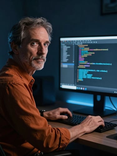 Low-key moody portrait of a seasoned developer in a dark workspace, cool blue ambient light reflecting on a clean monitor displaying structured code, 35mm lens