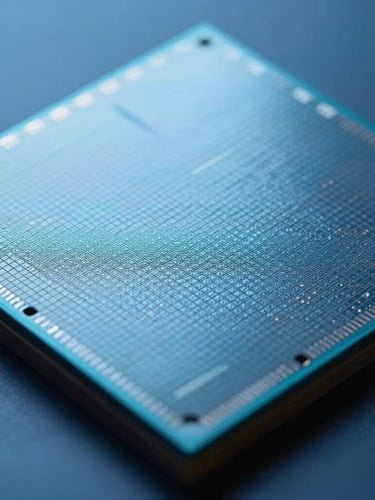 Ultra-macro texture shot of a silicon wafer under cool clinical blue studio lighting, high-contrast geometric patterns