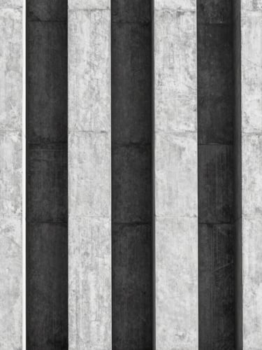 Stark architectural symmetry of a concrete monolith facade, high-contrast black and white, sharp shadows, clinical daylight, negative space on the left