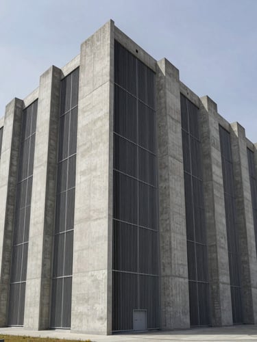 Extreme wide shot of a brutalist concrete data center facility, clinical grey sky, high-contrast architectural symmetry