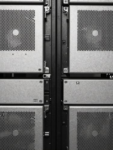 Stark, high-contrast black-and-white macro photograph of industrial server racks, clinical silver metallic textures, architectural symmetry.