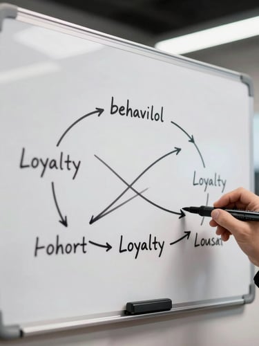 Macro high-contrast photograph of a physical whiteboard with hand-sketched behavioral loyalty loops and cohort decay curves, sharp side lighting, clean obsidian markers, modern workspace background.