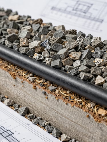 Cross-section detail of a retaining wall foundation, showcasing layers of compacted gravel, drain pipe, and geotextile fabric, technical blueprint style